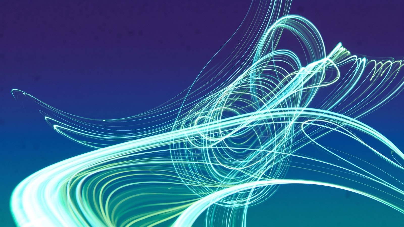Ribbons of cyan light curling through a violet-blue field