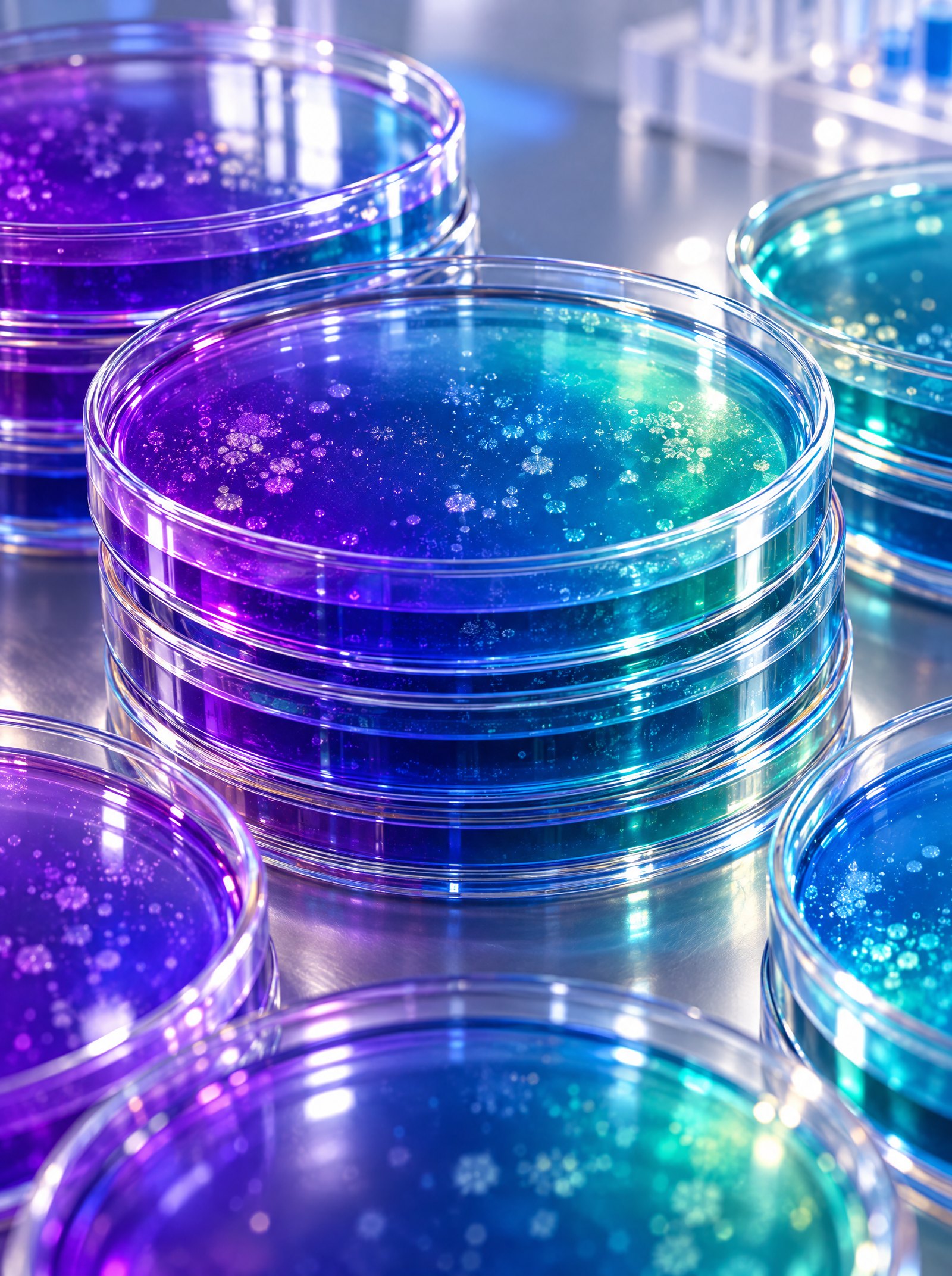Stacked glass dishes of violet, blue and teal liquid on a bright bench